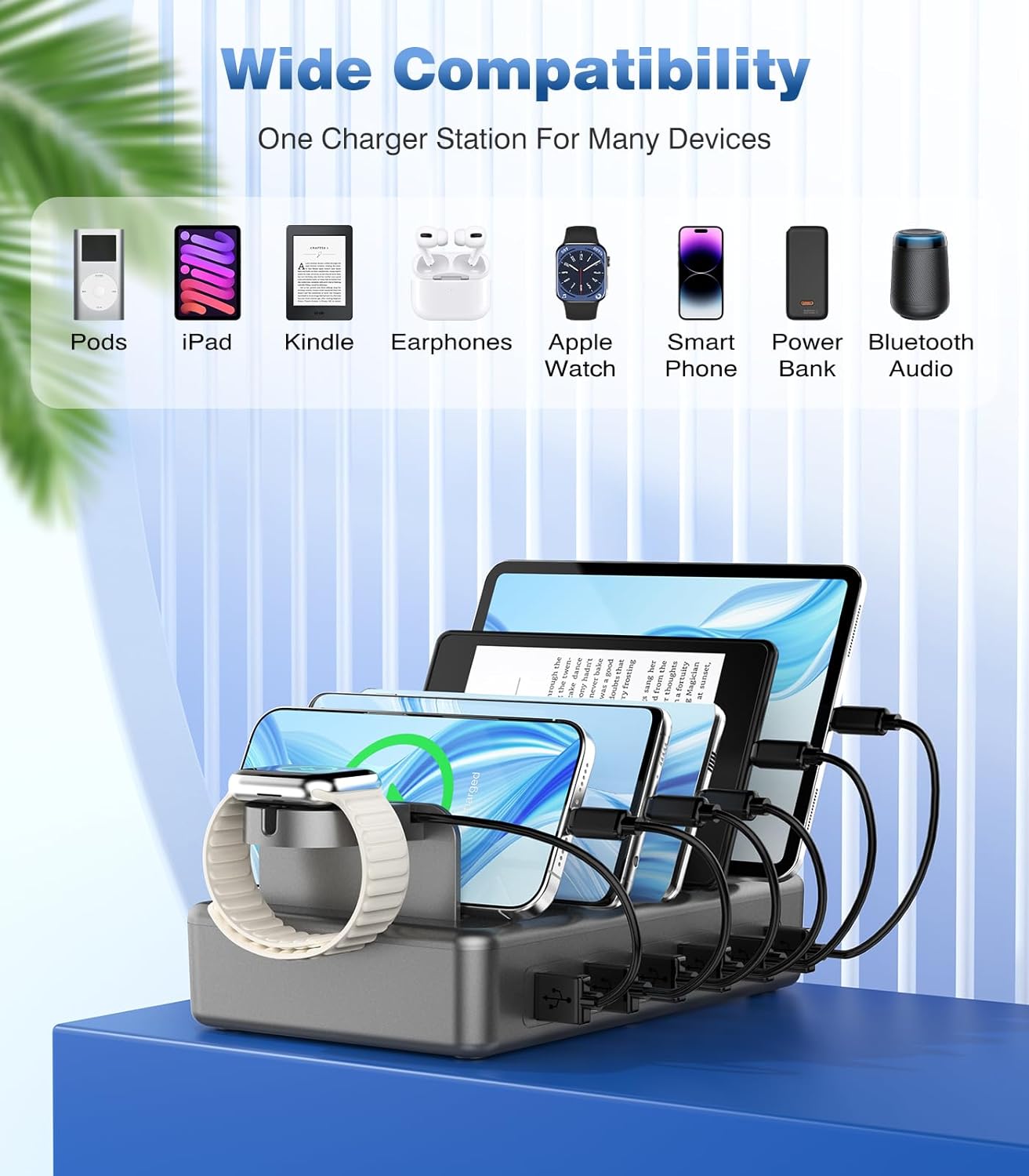 CREATIVE DESIGN 50W Fast Charging Station, 6 Port Apple Charging Station for Multiple Devices Compatible with iPhone,iPad, Tablet,Kindle ect,with 6 Short Cables and Apple Watch Holder(Space Gray)
