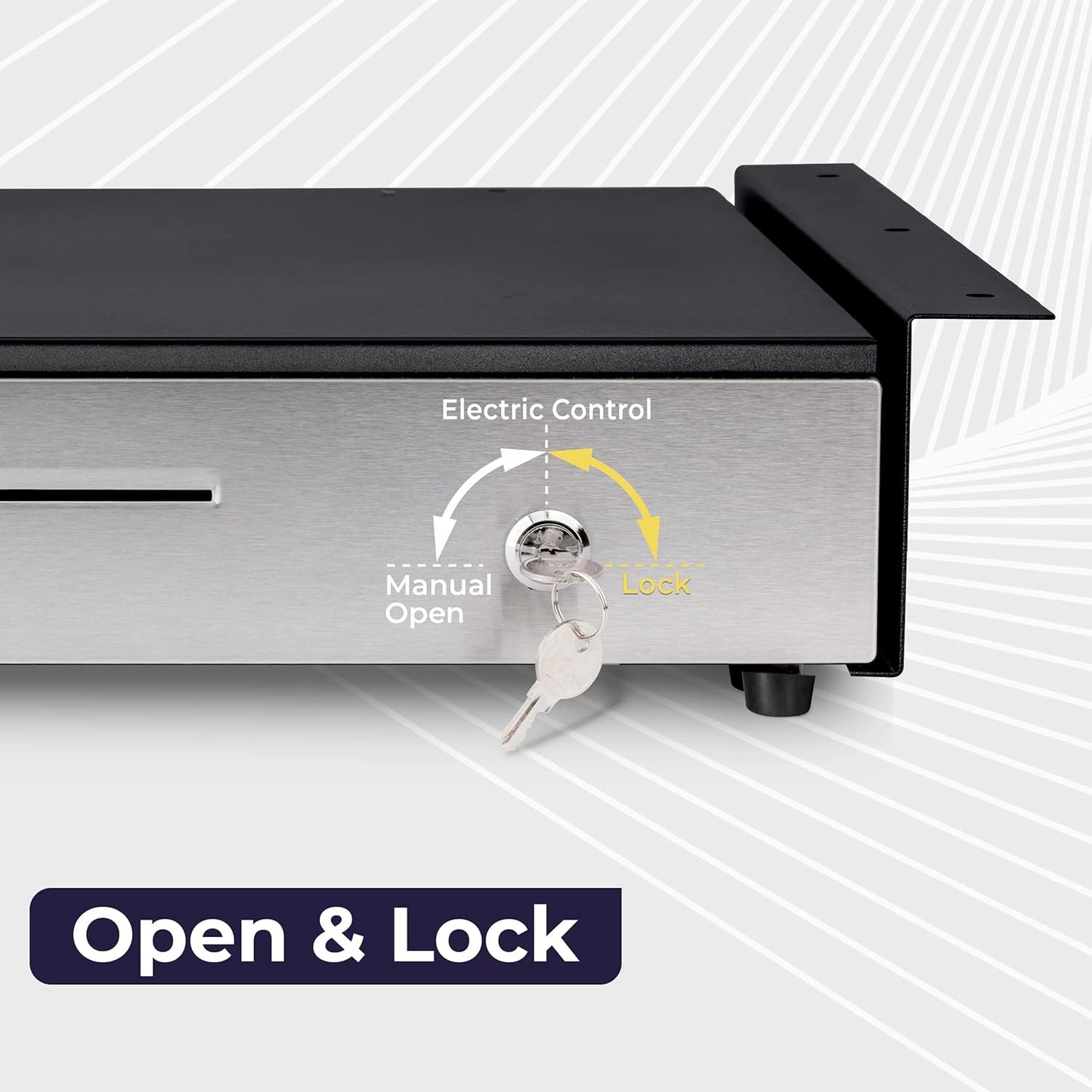 Volcora Cash Register Drawer with Under Counter Mounting Metal Bracket - 16 Black - Stainless Steel Front for POS, 5 Bill 6 Coin Removable Compartment, 24V RJ11/RJ12 Key-Lock, Media Slot