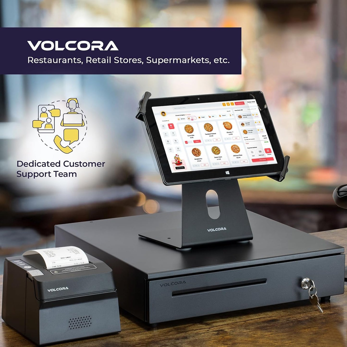 Volcora Cash Register Drawer for Point of Sale (POS) System with Removable Coin Slots, 5 Bill/6 Coin, 24V, RJ11/RJ12 Key-Lock, Media Slot, Black