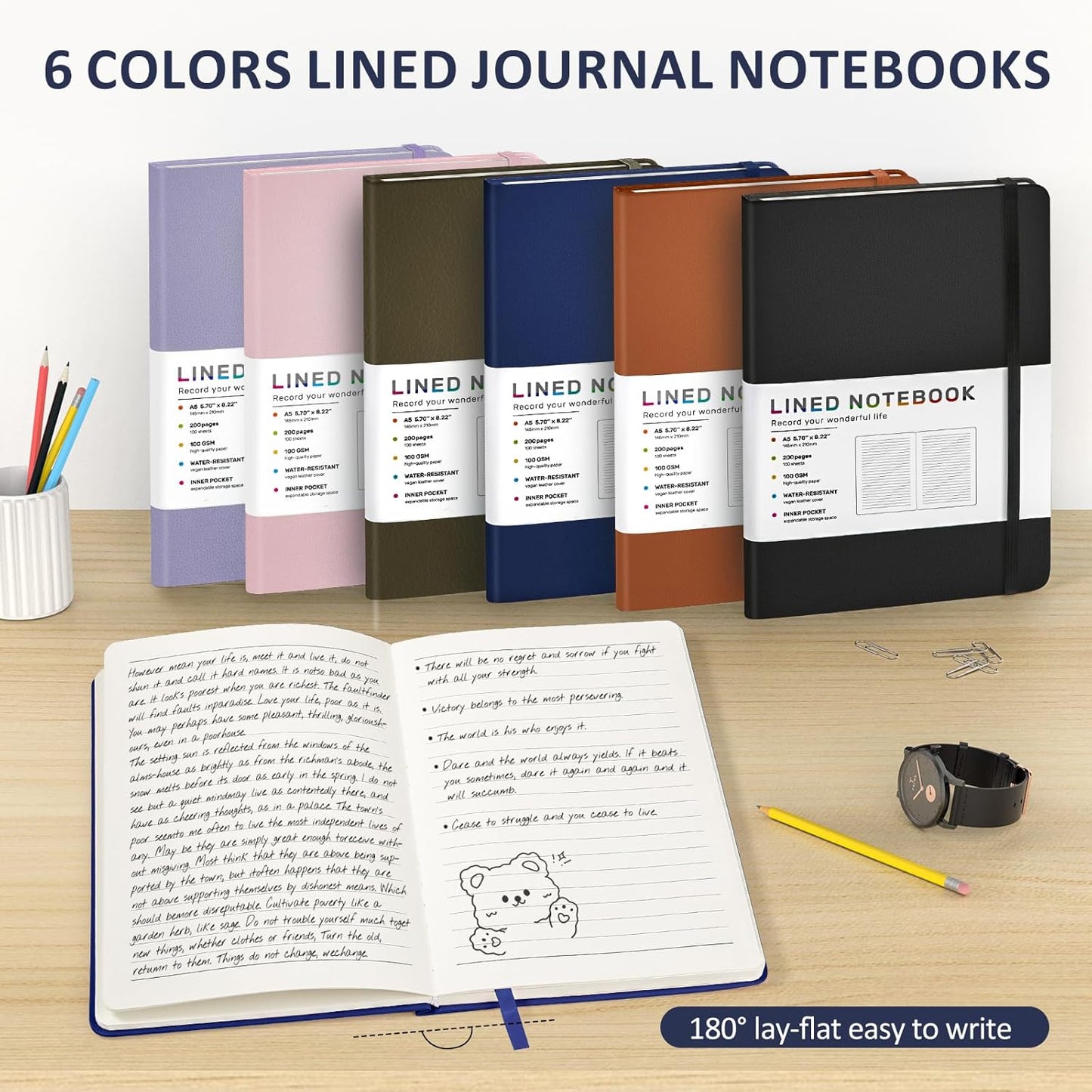 Lined Journal Notebook for Women Men, 200 Pages A5 Hardcover Leather Journals 5.7” x 8.3”, A5 College Ruled Notebooks with 100 GSM Thick Paper for Writing,Travel,School,Office,Work,Business(Blue)