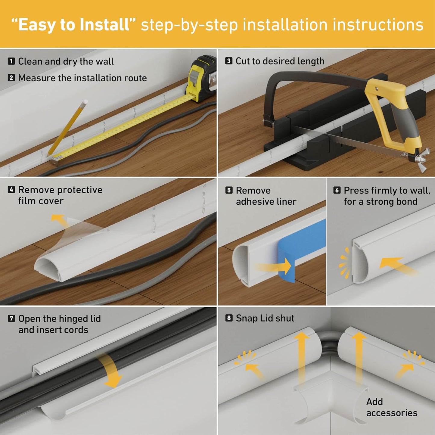 D-Line Half Round Cord Hider, Patented Cable Cover, Hide TV Wall Mount Wires, Raceway for Cords, Decorative Wire Covers, Paintable, Adhesive Cable Concealer - 8X 1.18in W x 0.59in H x 39in L - White