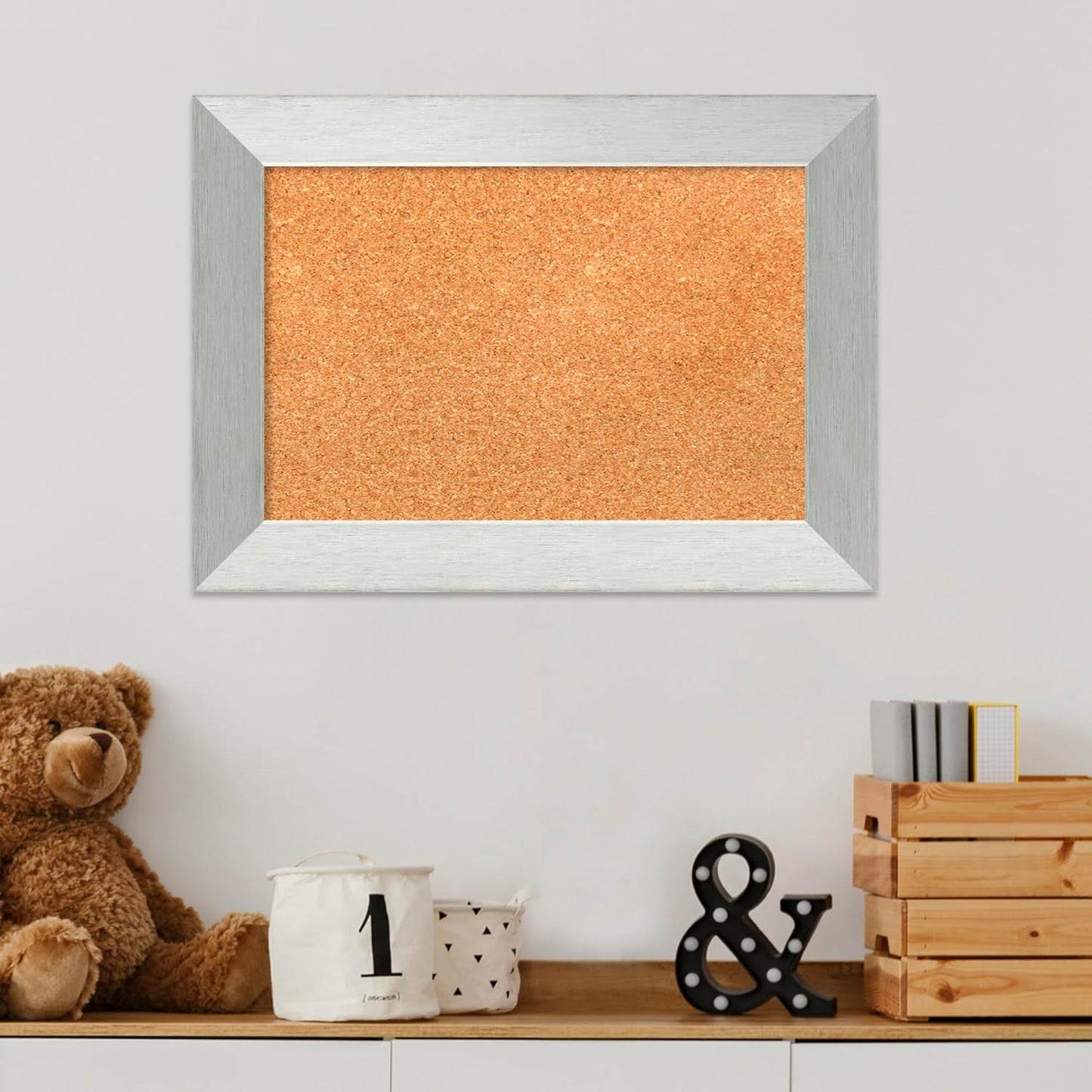 Amanti Art Natural Cork Board for Wall, 16x22 Vision Board with Silver Wood Frame, Small Corkboard Office Decor for Home Organization, Modern Corkboard Pinboard to Display Items for Home Organization