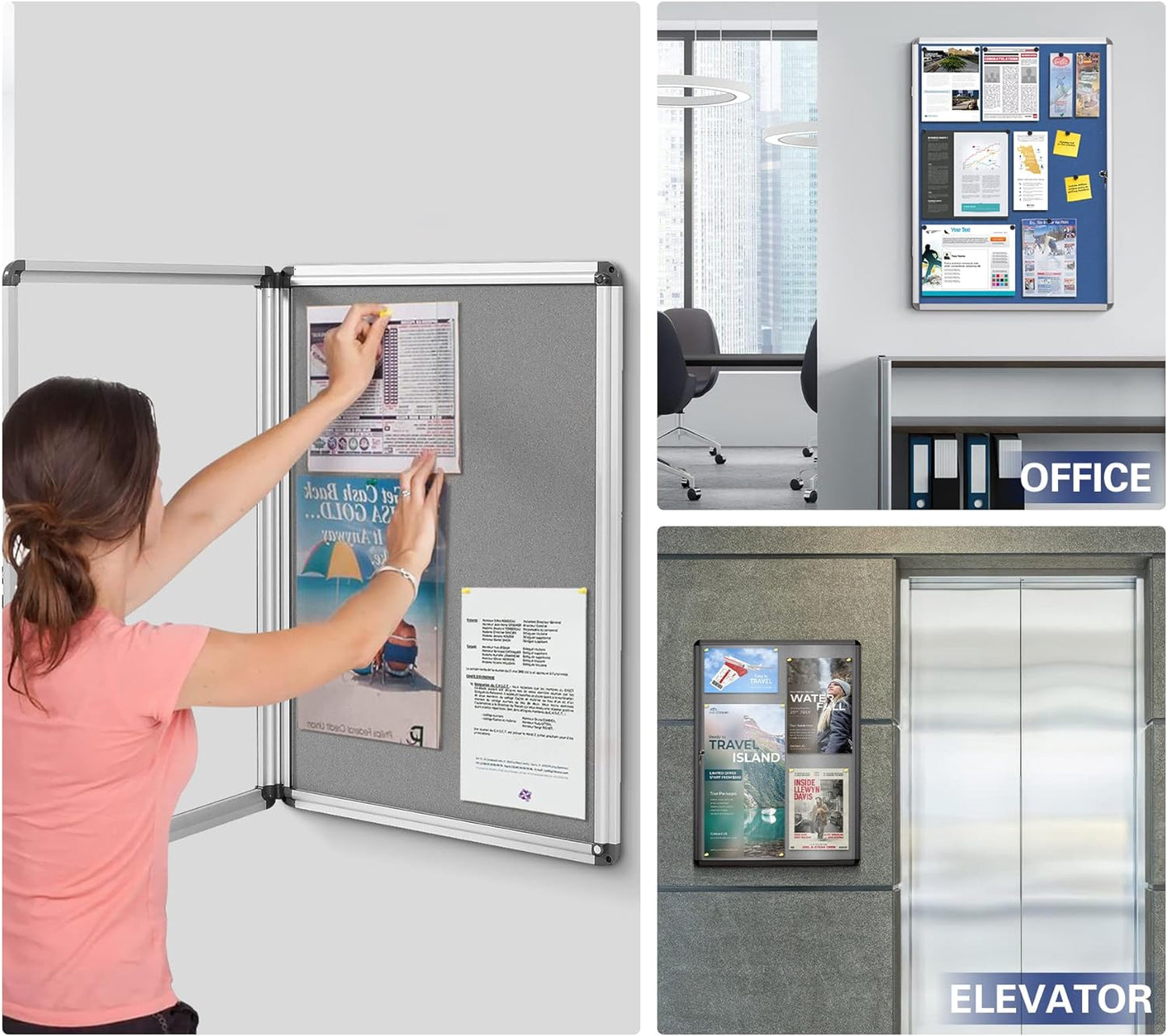 SWANCROWN Fabric Bulletin Board Enclosed Wall-Mounted Display Case for Office Classroom Home,26x20inch(4xA4)