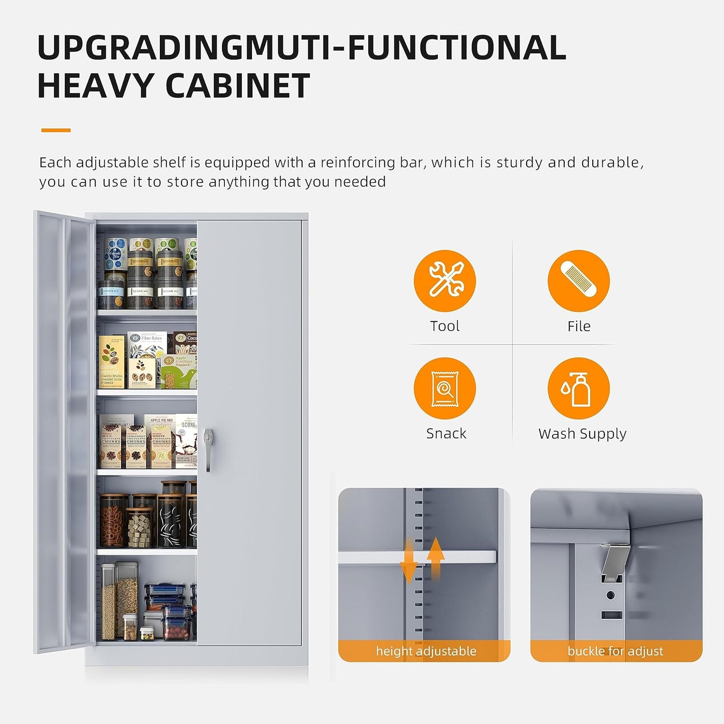 INTERGREAT Garage Storage Cabinets with Doors and Shelves, 72" Steel Tool Locking Cabinet, Metal Storage Cabinet for Home Office, Warehouse, School (Cement Grey)