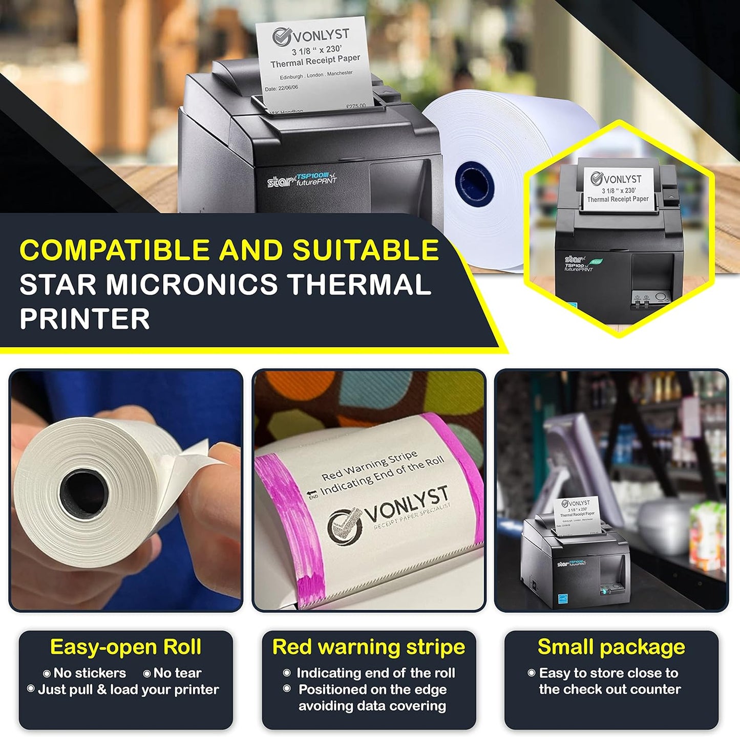 Receipt Paper Roll 3 1/8 x 230 for Square Register and Square POS System connected to Star Micronics Thermal Printer (Pack 12 rolls)