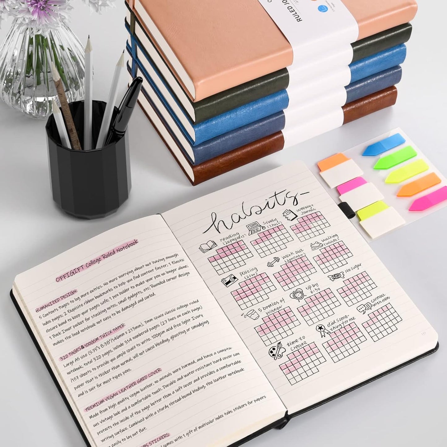 Lined Journal Notebook, Large A5 College Ruled Notebook, 312 Numbered Pages Work Notebook with Index Stickers, 100gsm Thick Paper, Hardcover Vegan Leather Journal for Women Men School Office, Pink