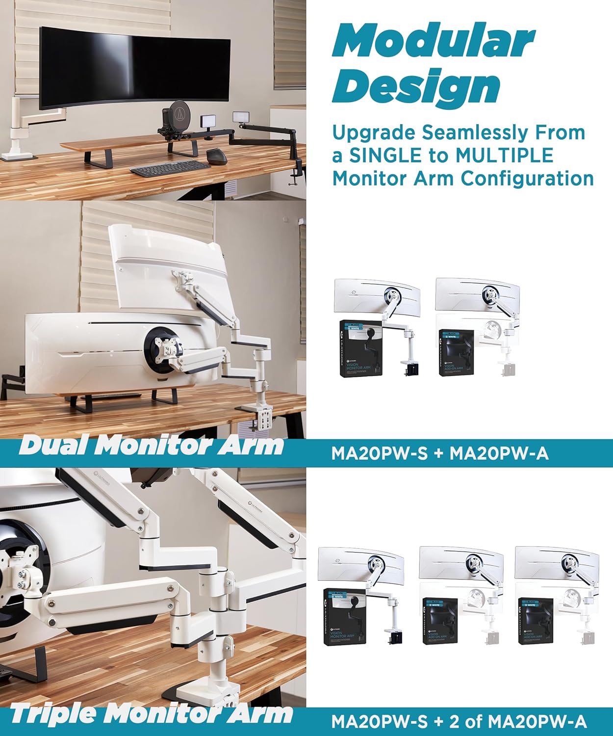 Heavy Duty Monitor Arm for Ultrawide Monitors up to 57" and 44 lbs, Single Desk Stand, Pneumatic Height Adjustable, Modular Extension Arms - Max VESA 100x100, White, MA20PW-S