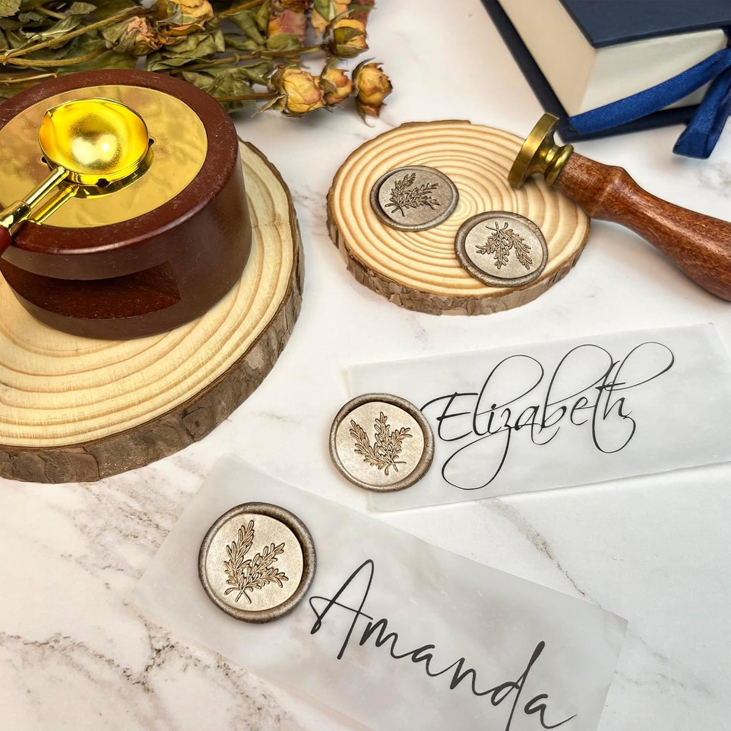 25Pcs Wax Seal Stickers Handmade Envelope Seals Self Adhesive Wax Stickers for Wedding Party Invitations, Envelope, Gift Wrap, Christmas(Rosemary Style, Champagne Gold)