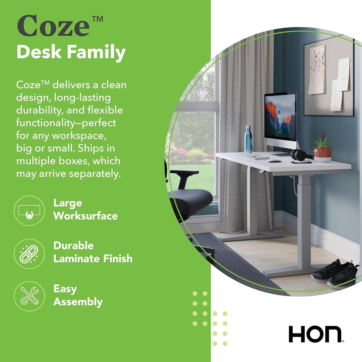 HON Coze Electric Standing Desk Adjustable Height, Coordinate Height Adjustable Desk, 48", White Top, Silver Base