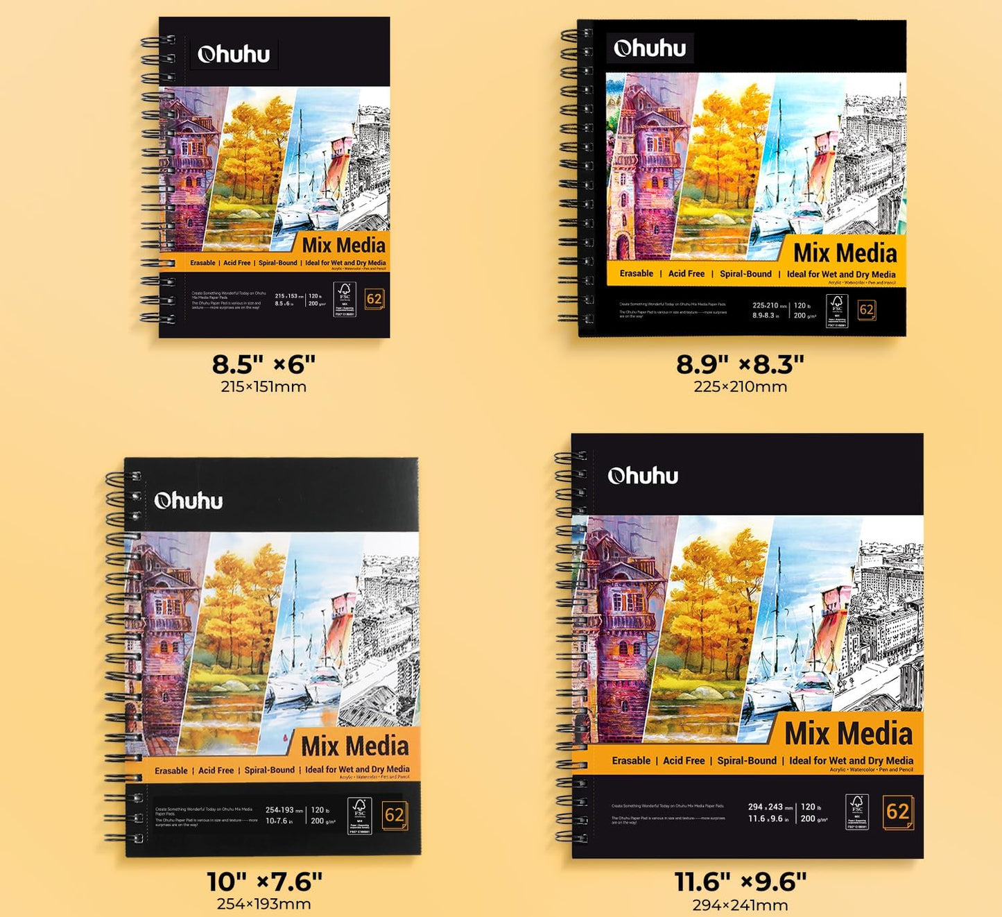 Mix Media Pad, Ohuhu Mixed Media Art Sketchbook, 120 LB/200 GSM Heavyweight Papers, 62 Sheets/124 Pages, Spiral Bound Mixed Media Paper Pad for Christmas Gift
