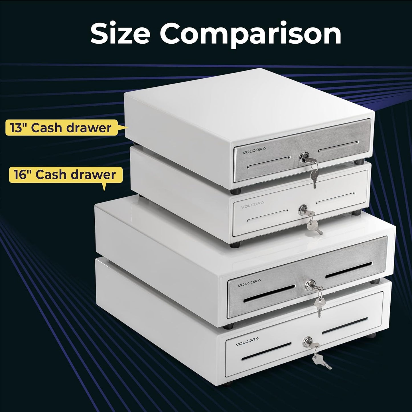 Volcora 16" Manual Push Open Cash Register Drawer for Point of Sale (POS) System - White and Stainless Steel Front Touch Panel - Durable with Removable Tray, 5 Bills and 8 Coin Slots, Key Lock