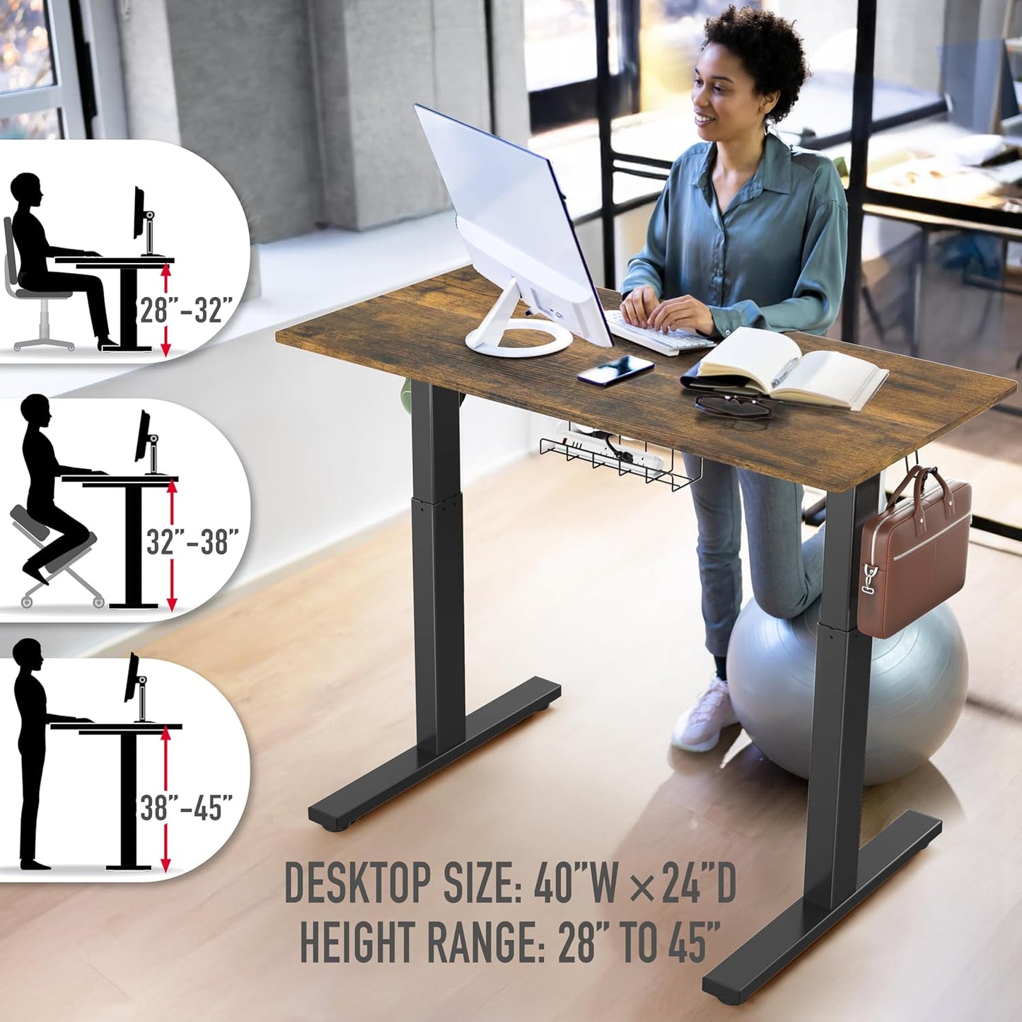 SHW 40-Inch Electric Height Adjustable Standing Desk with Drawer, Memory Preset and Cable Management Tray, Rustic Brown