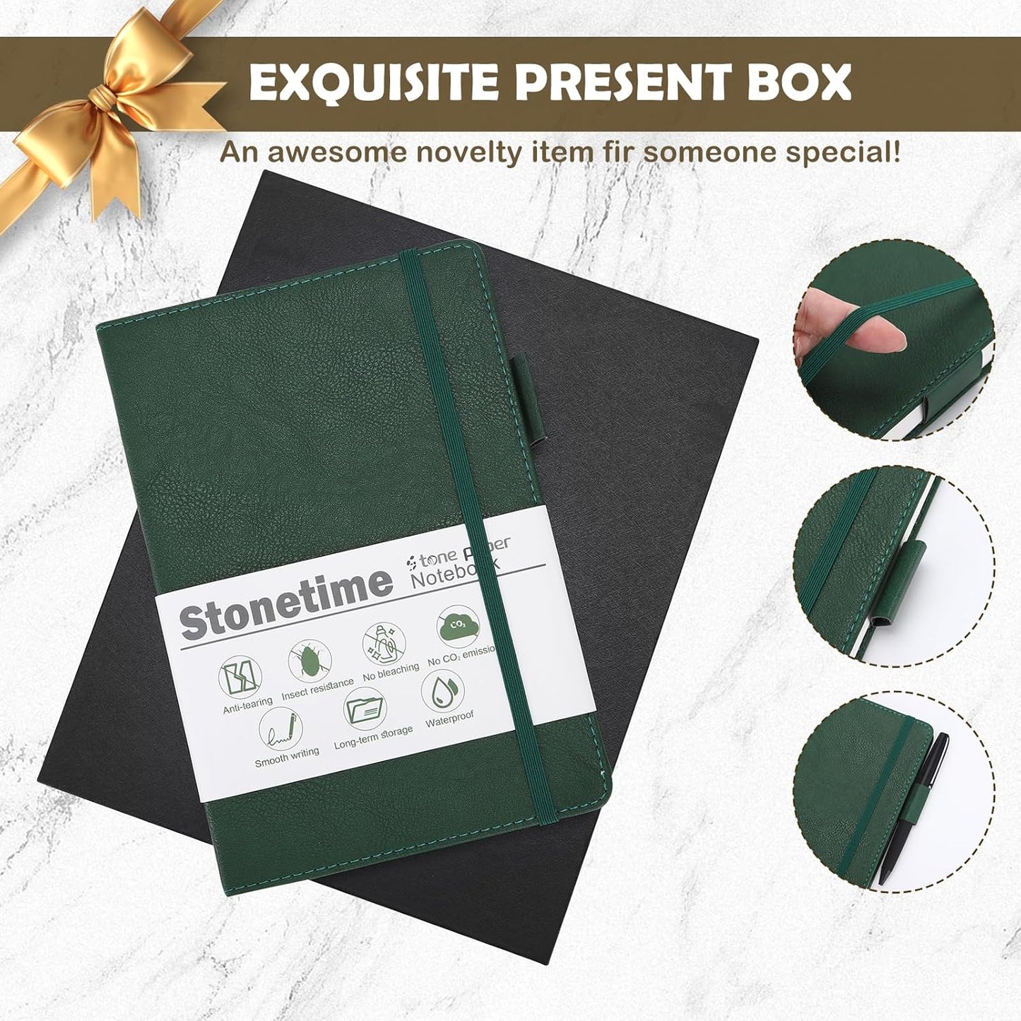 Stone Paper Notebook for Women Men, A5 Waterproof Notebook Hardcover Executive Journal, Ruled Notebooks for Writing, Business, Work & School, 160 Pages Notebook with Box (A5 Green)