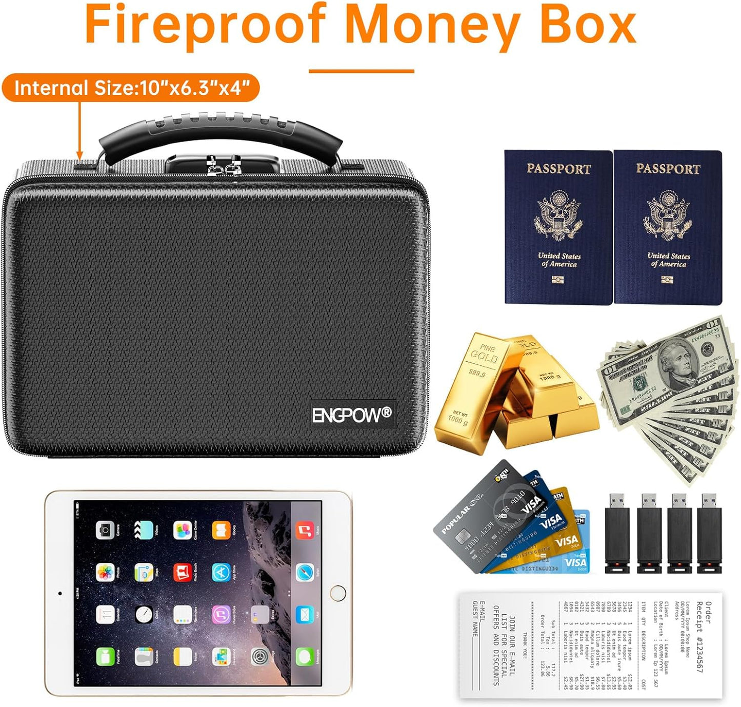 ENGPOW Fireproof Money Box, Small Hard Case Fireproof Box with Fireproof Zipper & Lock, 6400°F Heat Insulated Fireproof Water Resistant Safe Box for Cash, A5 Document, Passport and More, Black