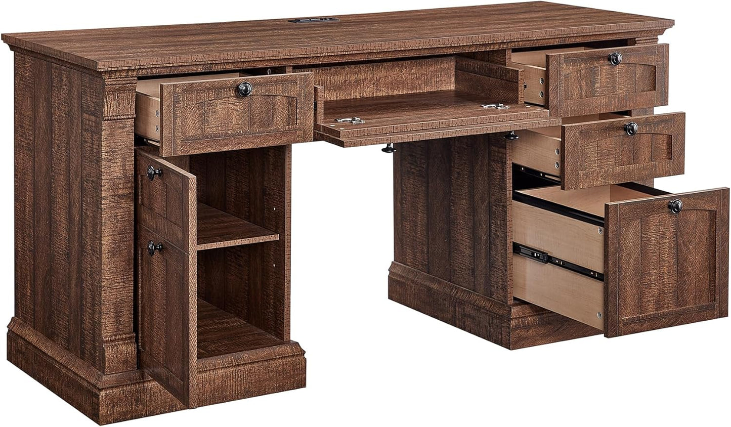 OKD 60" Executive Desk with Drawers, Farmhouse Home Office Desk with Charging Station, Keyboard Tray, File Cabinet Storage, Wood Computer Desk for Work and Study, Reclaimed Barnwood