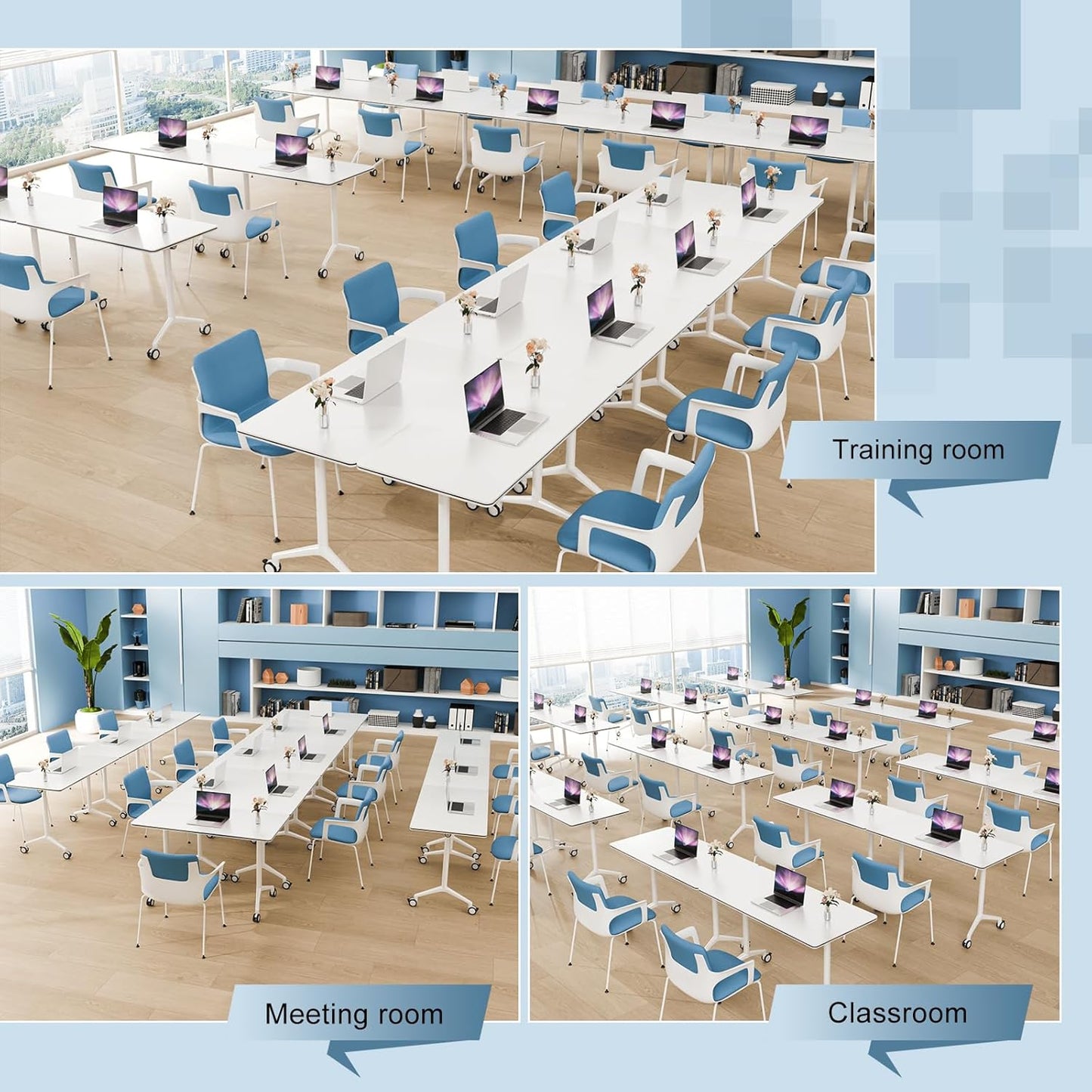 10Pack Folding Conference Room Table, Modern Conference Tables with Silent Wheels, Large Rectangular Mobile Training Tables for Office Classroom, Foldable Modular Seminar Table White (L70.9in)