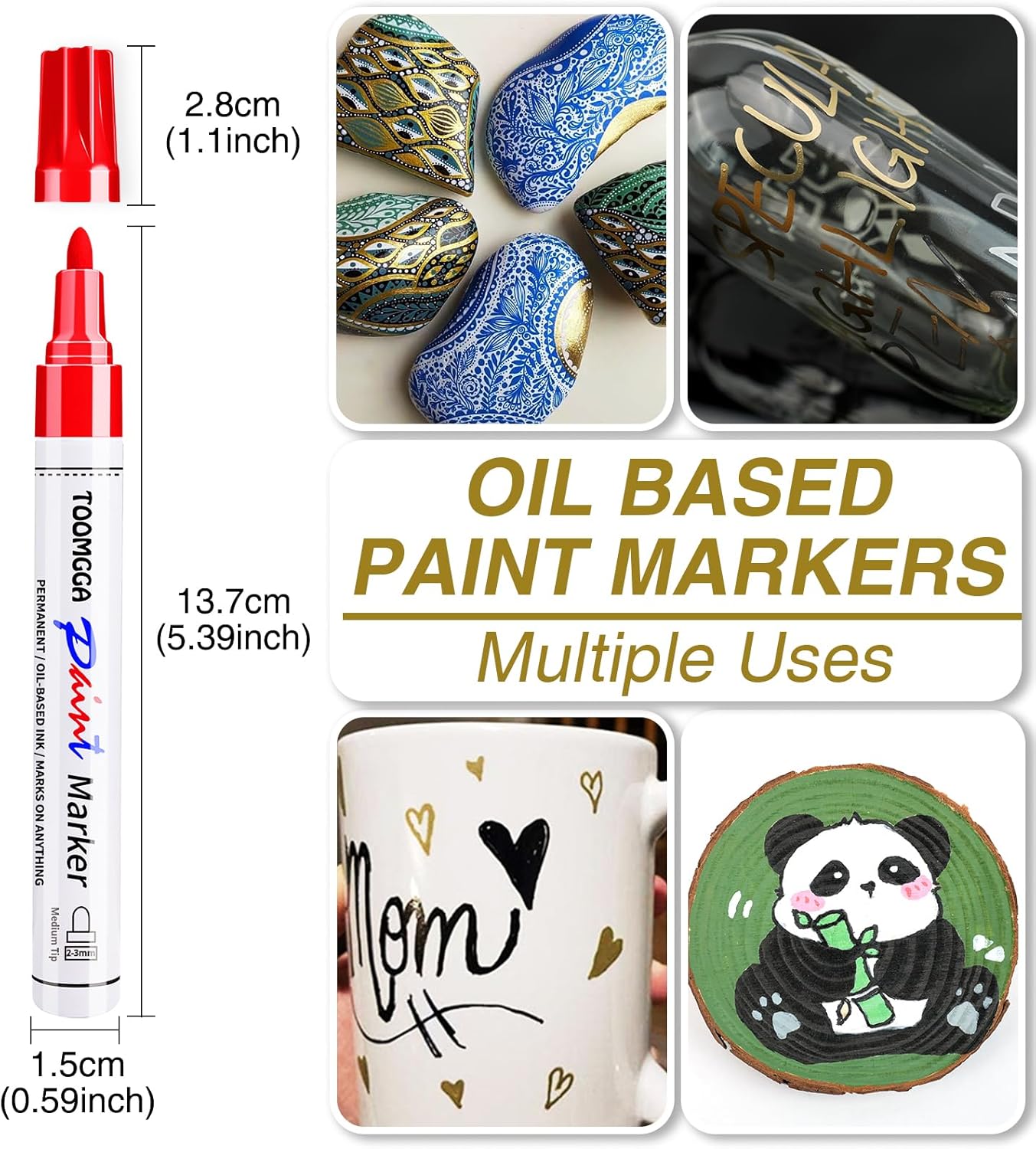 White Paint Pens Permanent Paint Markers - 8 Pack Oil Based Marking Pens, Medium Point, Quick Drying and Waterproof Pens for Rock Painting Car Tyre Metal, Plastic, Canvas, Wood, Glass