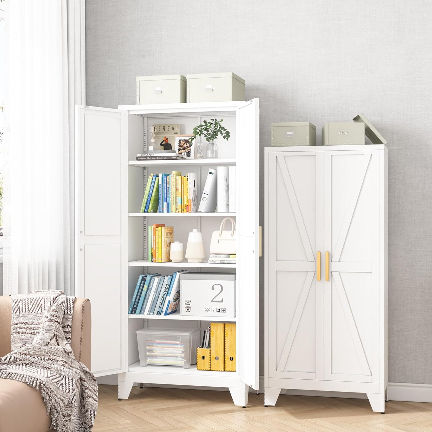61H Metal Storage Cabinet with 2 Doors and 5 Shelves,Farmhouse Storage Cabinet with Barn Doors,Pantry Storage for Home,Office,Bathroom,Dining Room,Kitchen(White)