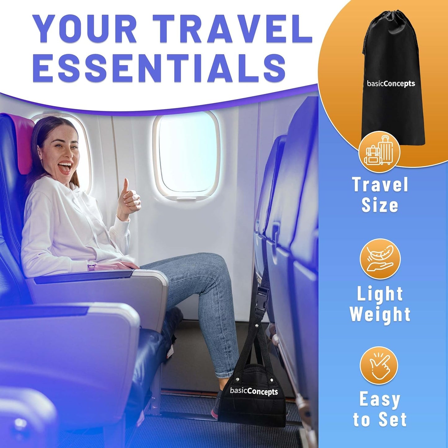 BASIC CONCEPTS Airplane Adjustable Foot Hammock (2 Pack), Perfect or Office Footrest to Relax Your Feet (Memory Foam) - for Travel Accessories, Desk Hammock, Comfy Hanger