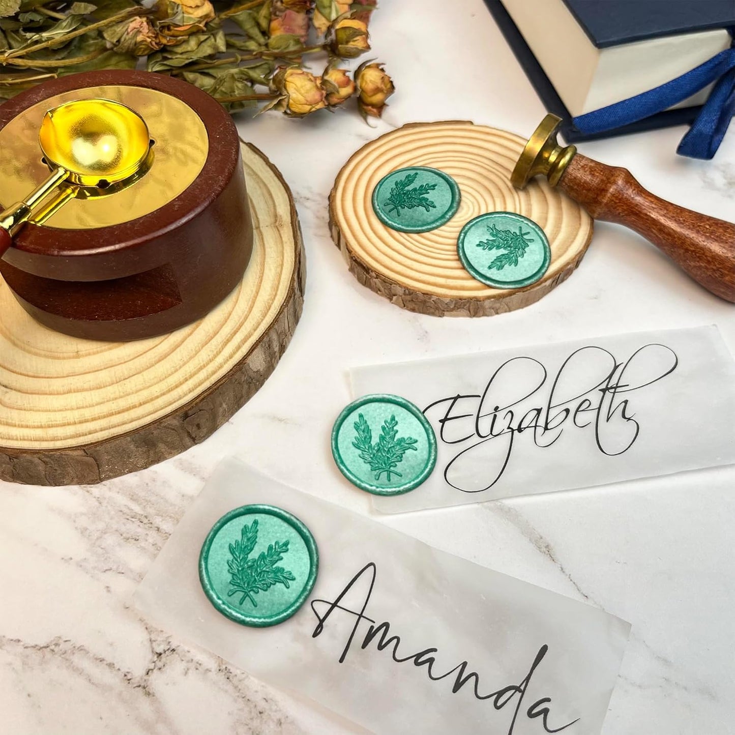 25Pcs Wax Seal Stickers Handmade Envelope Seals Self Adhesive Wax Stickers for Wedding Party Invitations, Envelope, Gift Wrap, Christmas(Rosemary Style, Cyan)
