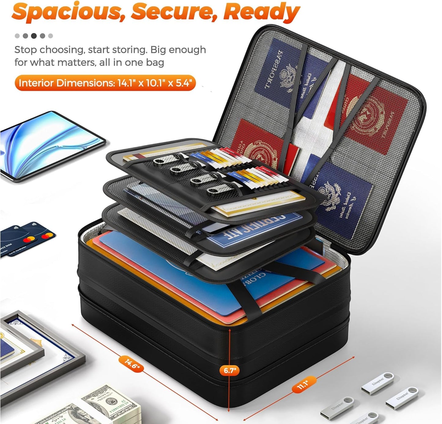 Nacial 5200℉ Fireproof Document Box with Lock, Expandable Document Organizer, Heat Insulated Fireproof Waterproof Box for File Storage, Portable Sturdy Handle for Important Documents Home Travel