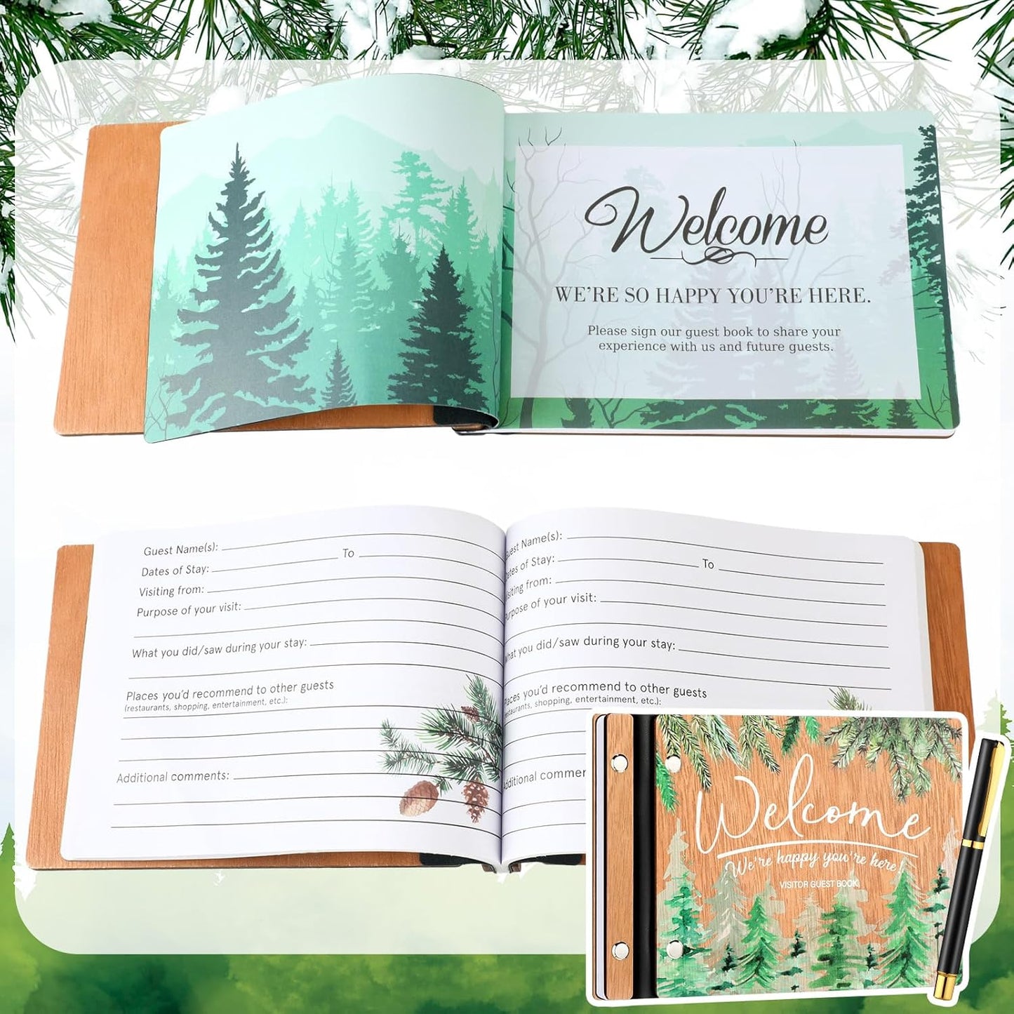 Welcome Guest Book Wood Cover Visitor Log Book Rustic Wedding Memory Scrapbook with Pen 8 x 6 Inches Neutral Pine Photo Album with 120 Pages for Vacation Home Wedding Office Reception