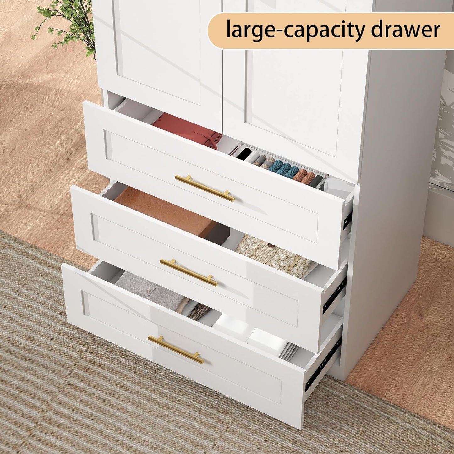 White Wardrobe with 6 Doors: 75" Tall Armoire Wardrobe Closet with 9 Drawers, Bedroom Closet Cabinet for Hanging Clothes, Wooden Storage Armoire with Shelves (Modern, 3)