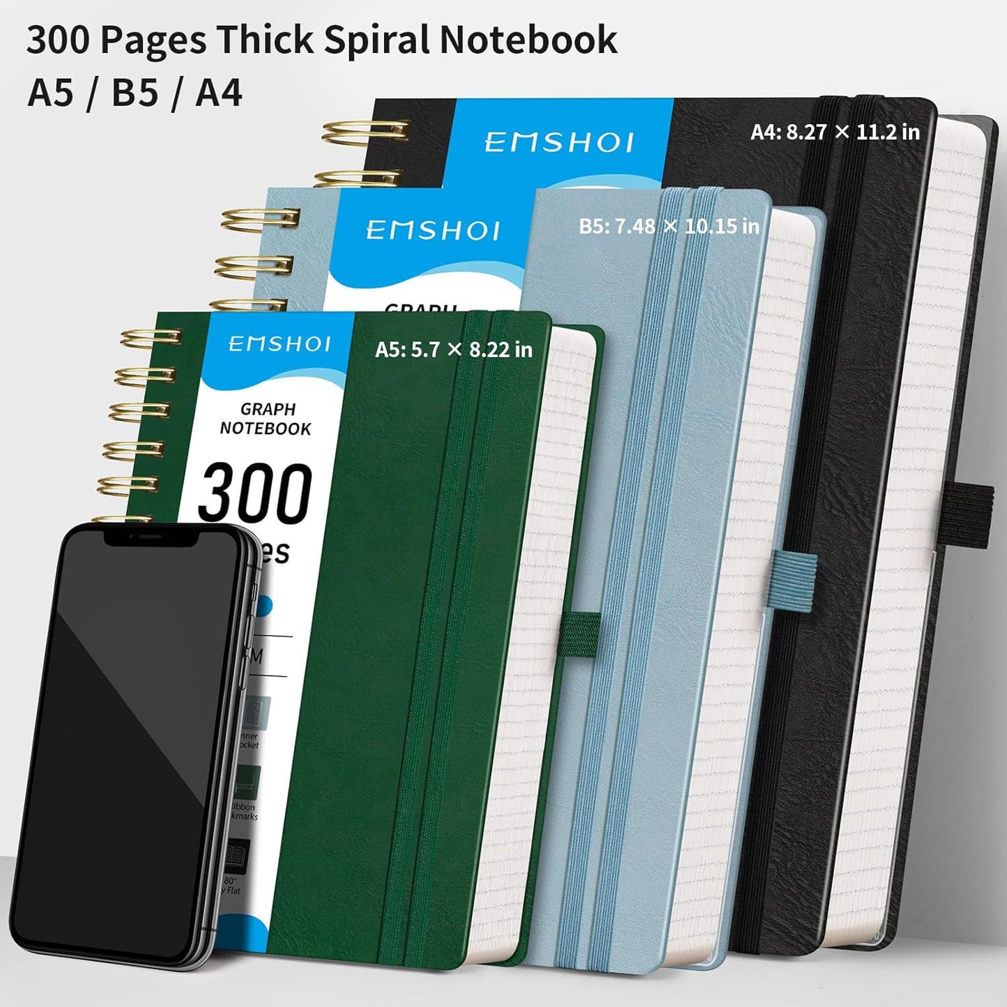 EMSHOI Spiral Graph Paper Notebook - 300 Pages, 100 GSM Thick Grid Notebook, A4 Large Hardcover Leather Journal for Women Men Work School Writing Engineering Graphing, 8.27" x 11.2", Dark Green