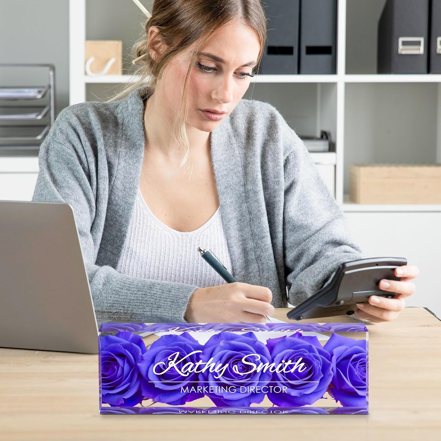 Personalized Name Plate for Desk, Custom Desk Name Plate, Acrylic Name Plate Office Desk Accessories, Personalized Office Gifts for Coworkers Teachers, Employee Appreciation Gifts (BigPurple)