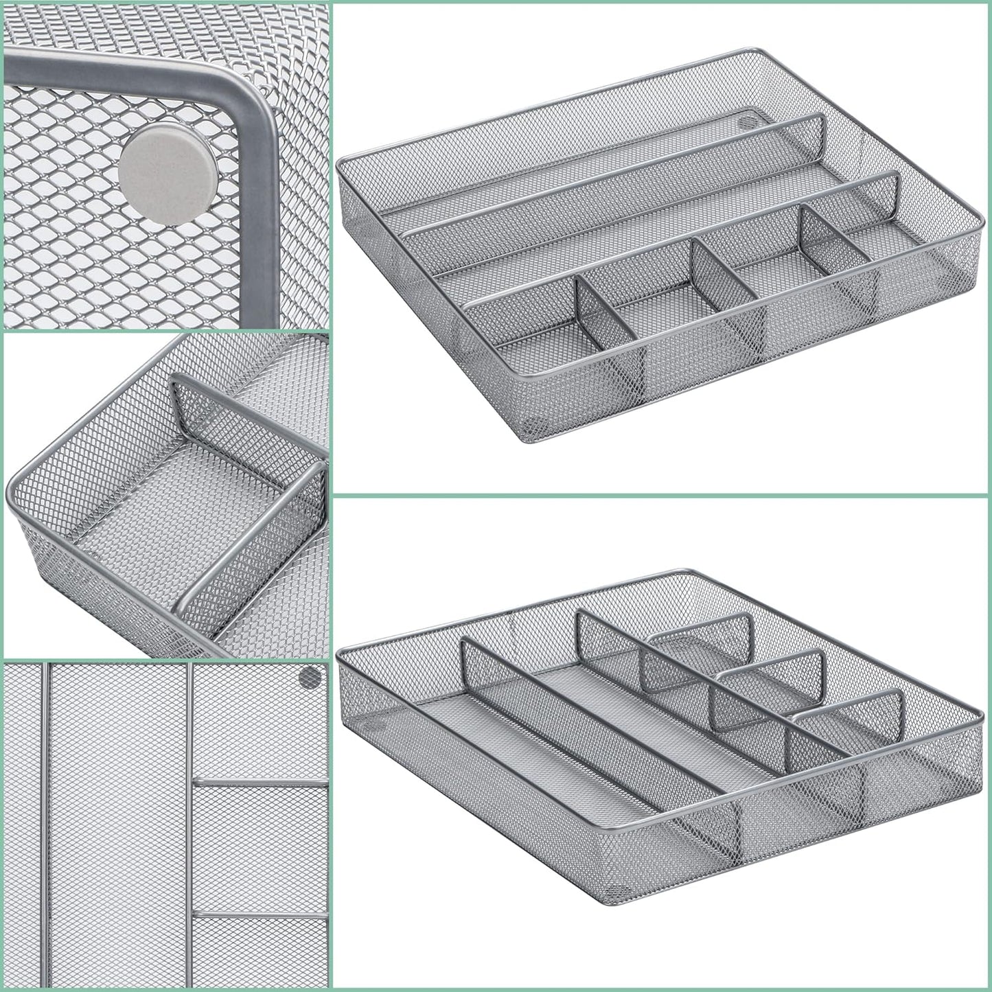 Annova Desk Top Organizer Tray for Office Organization - Metal Mesh - Storage Tray with Dividers for Pens, Desktop Accessories, Bathroom, Kitchen, Makeup and Office Supplies (Large, Silver)