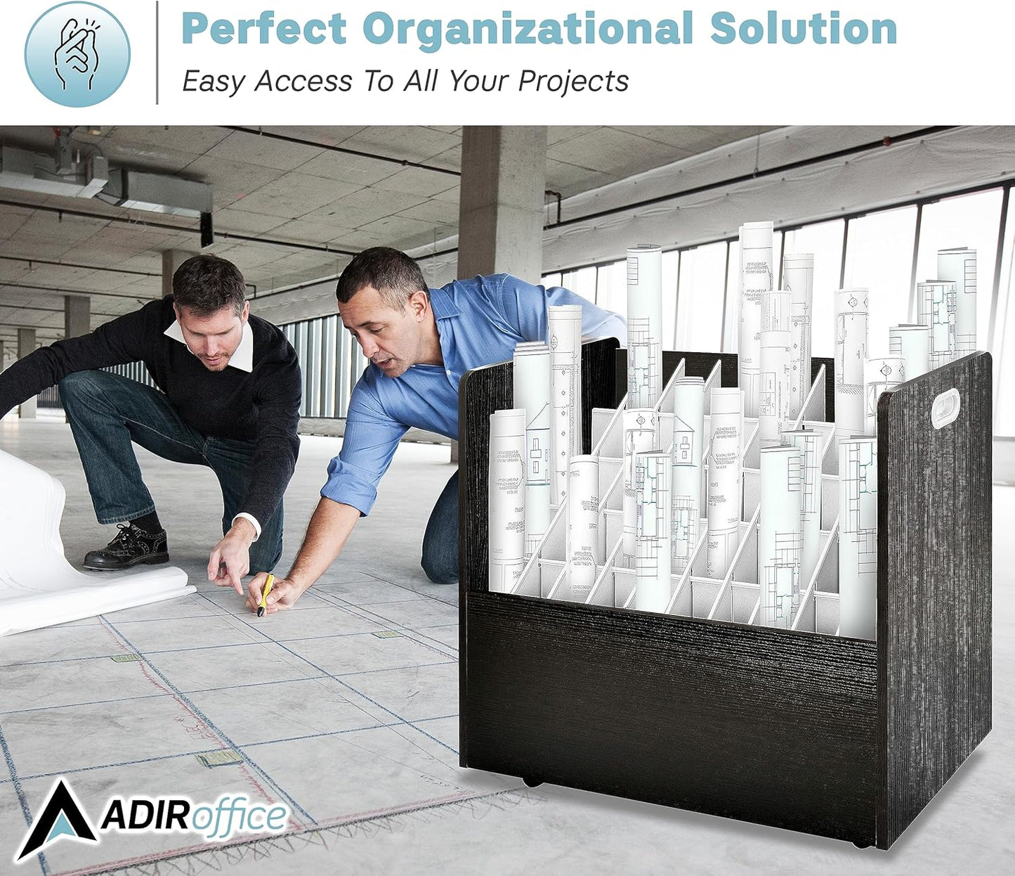 Adir Blue Print Storage Organizer - Mobile Roll File Cart, Construction Plan Holders, Blueprint Cabinet with Wheels, Roll Files Storage for Office and Home (50 Slots, Black)