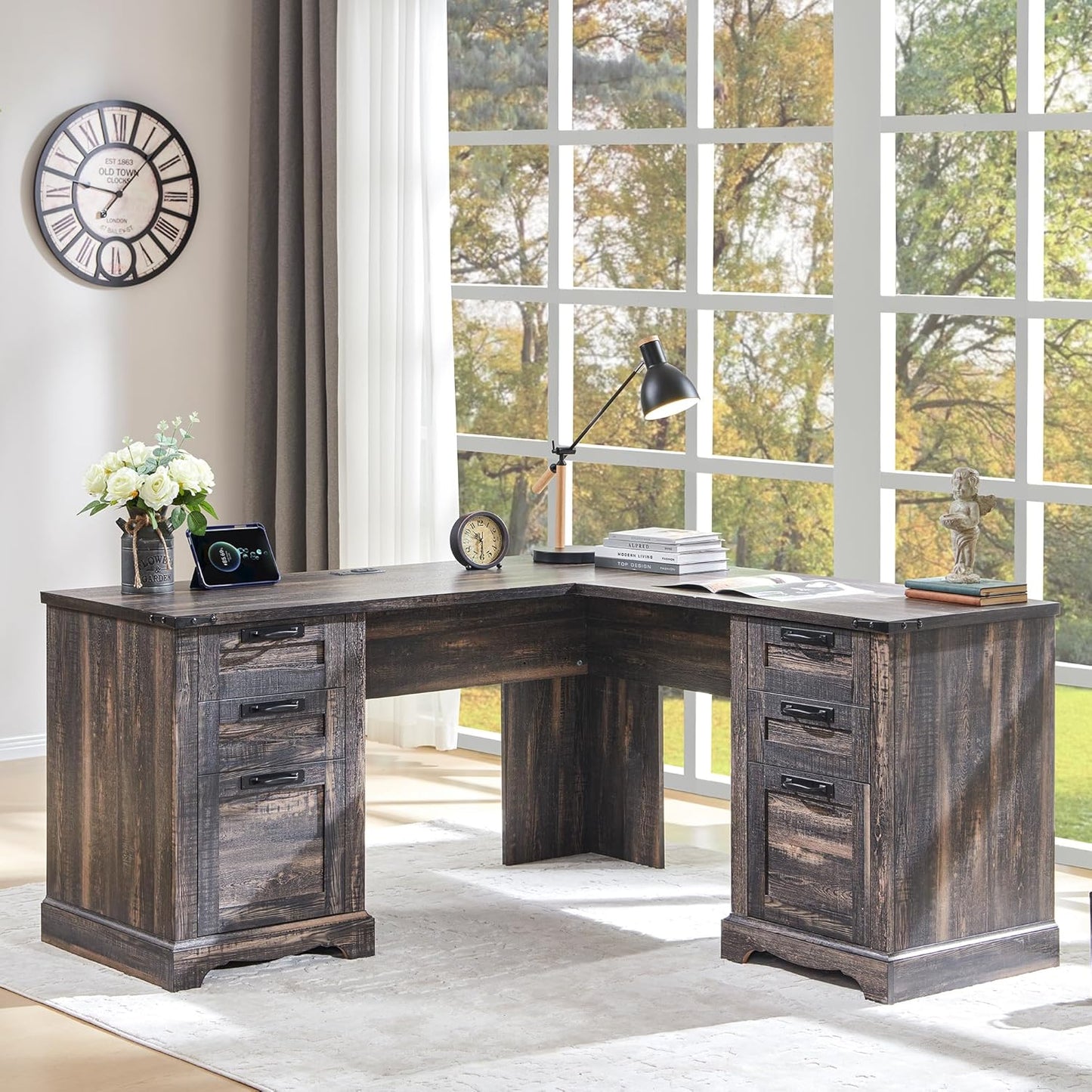 RedLemon 60" Farmhouse L Shaped Executive Desk with Drawers, Wood Home Office Corner Desk with Charging Station, File Drawer, Storage Cabinet, Rustic Computer Writing Desk (Dark Rustic Oak)