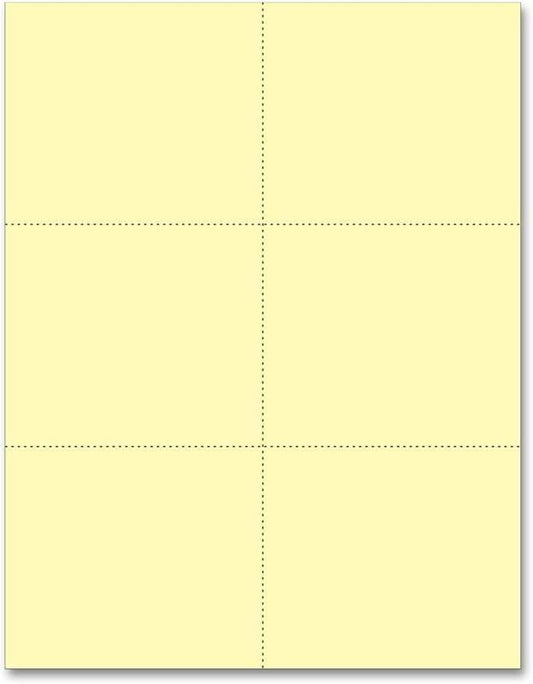 Limited Papers (TM) 8.5x11 Perforated Paper, 20/50 Pound, 75 GSM, Variety of Perforation Sizes and Colors, for Forms, Tickets, Postcards, Business Cards. (Canary, 6 up)