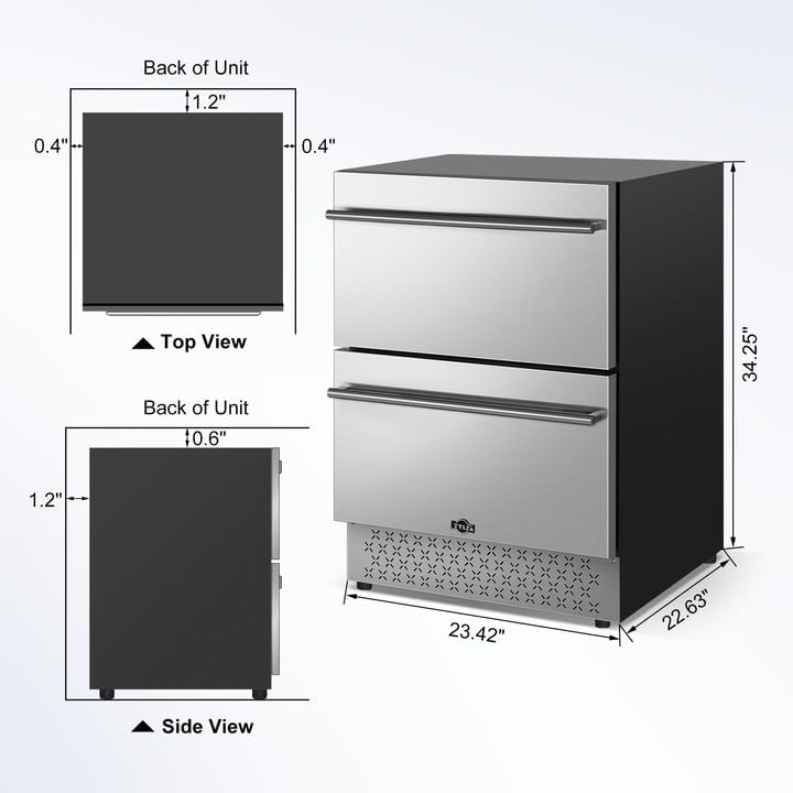 Tylza 24 Inch Under Counter Drawer Fridge, Built-in Beverage Refrigerator for Home and Commercial Use, Stainless Steel Door, Fast Cooling, Low Noise, 37-65 °F
