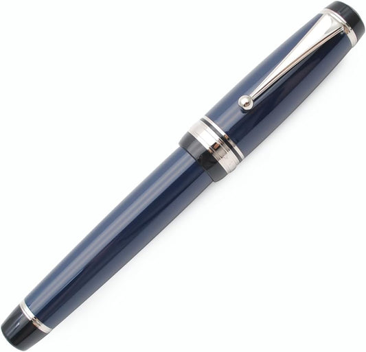 Metal Big Fountain Pen Set Medium Nib 0.7mm, Includes Ink Refill Converter, 5 Ink Cartridges & Gift Box (Medium Nib 0.7mm, Dark Blue with Silvery Clip)
