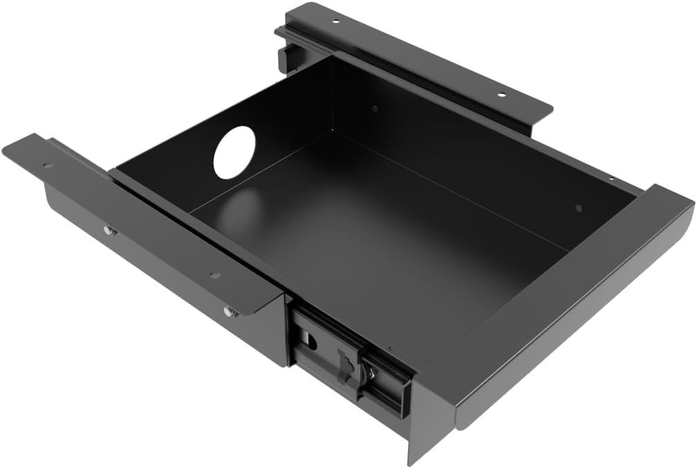 Under Desk Mounted Sliding Pull-Out Drawer for Office Desk or Table - Storage Organizer for Sit Stand Workstation- W 9.8" x D 9.8" x 2.5", Metal, Black (Small)