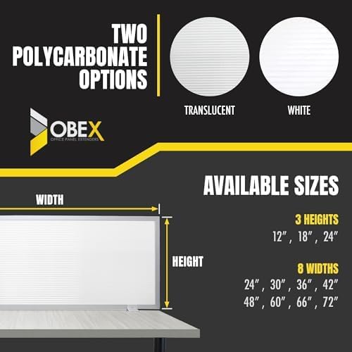 OBEX Polycarbonate Office Desk Mounted Privacy Screen Adjustable Table Top Panel Divider, Universal Aluminum Bracket-USA Made, 18" x 48", White