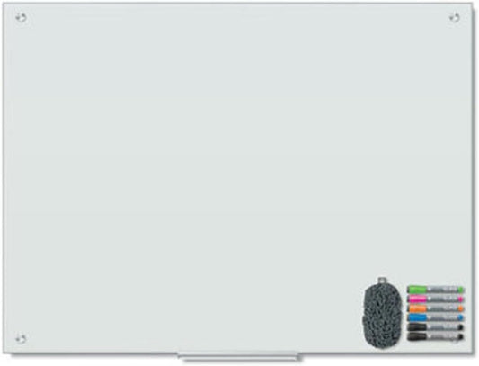 U Brands Magnetic Glass Dry Erase Board, Office Supplies, White, with Eraser, Markers, Magnet, 18” Tray, 4mm, 36" x 48"