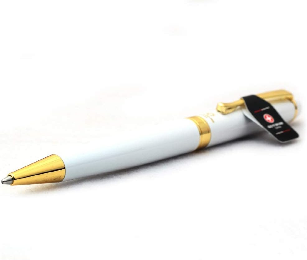 Free Engraving - Personalized Swiss Expert Black Ballpoint Pen, Medium Point, Roller pens, Groomsmen Gift, Free Custom Engraved Gifts for Men, Women (White)