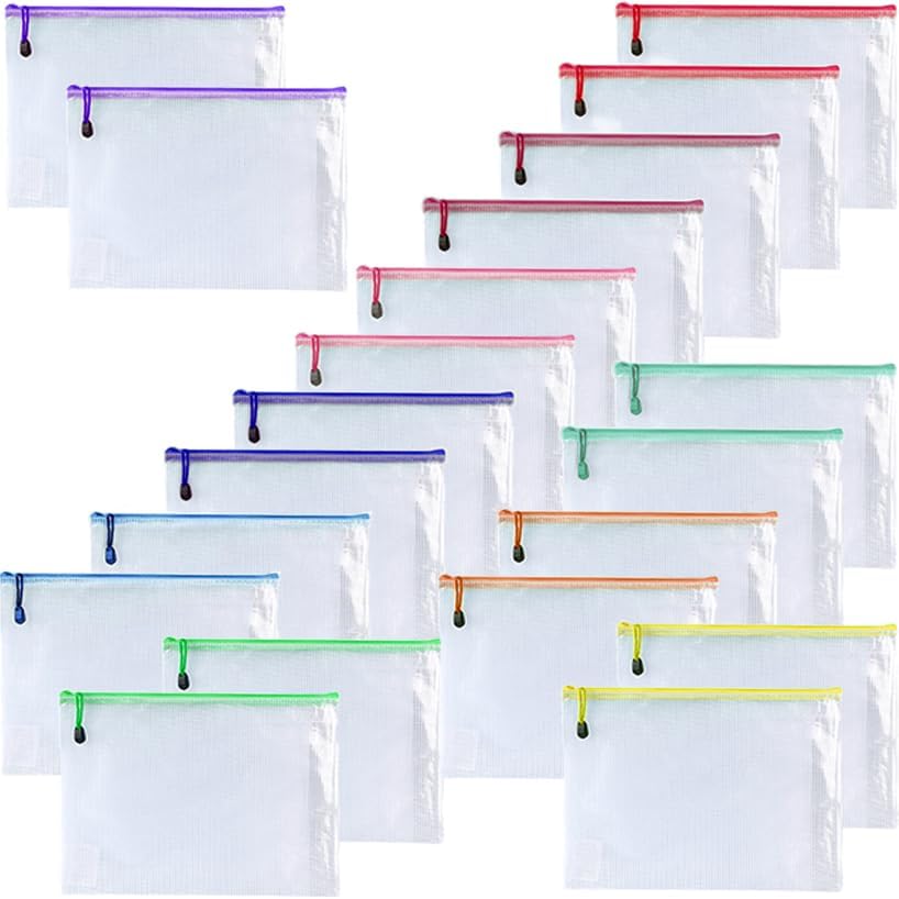 Oaimyy-20 PCS-5" x 7"-Mesh Zipper Pouch, Plastic Zip File Folders Puzzle Bags for Organizing,Office Supplies,Travel,Home Storage,Color