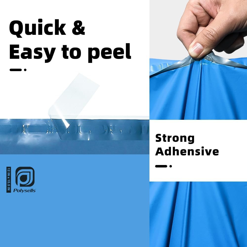 POLYSELLS 100 pcs 12x15.5 Inches Blue Poly Mailers Shipping Envelopes, Strong Adhesive Sealing, Waterproof, and Tear-resistant Postal Mailing Bags for Clothing, Books, and Accessories