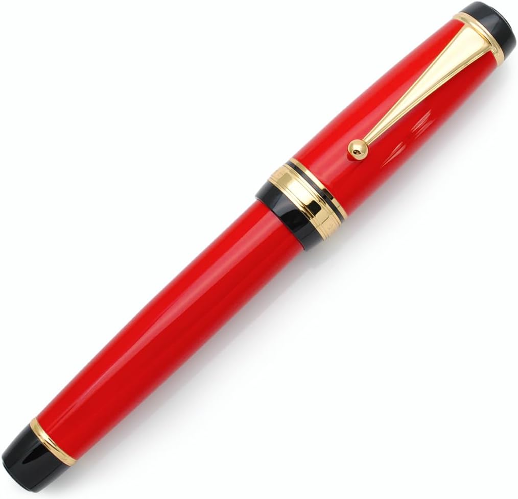 Metal Big Fountain Pen Set Medium Nib 0.7mm, Includes Ink Refill Converter, 5 Ink Cartridges & Gift Box (Medium Nib 0.7mm, Red)