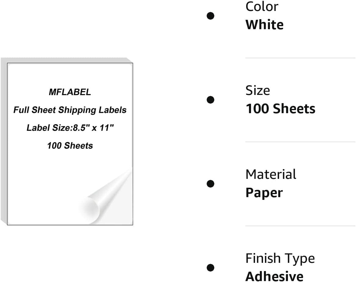 MFLABEL Full Sheet Sticker Label, Address Sticker, White Matte Label Paper, 8-1/2" x 11" Shipping Labels for Laser & Inkjet Printer (1800 Labels, 1800 Sheets)