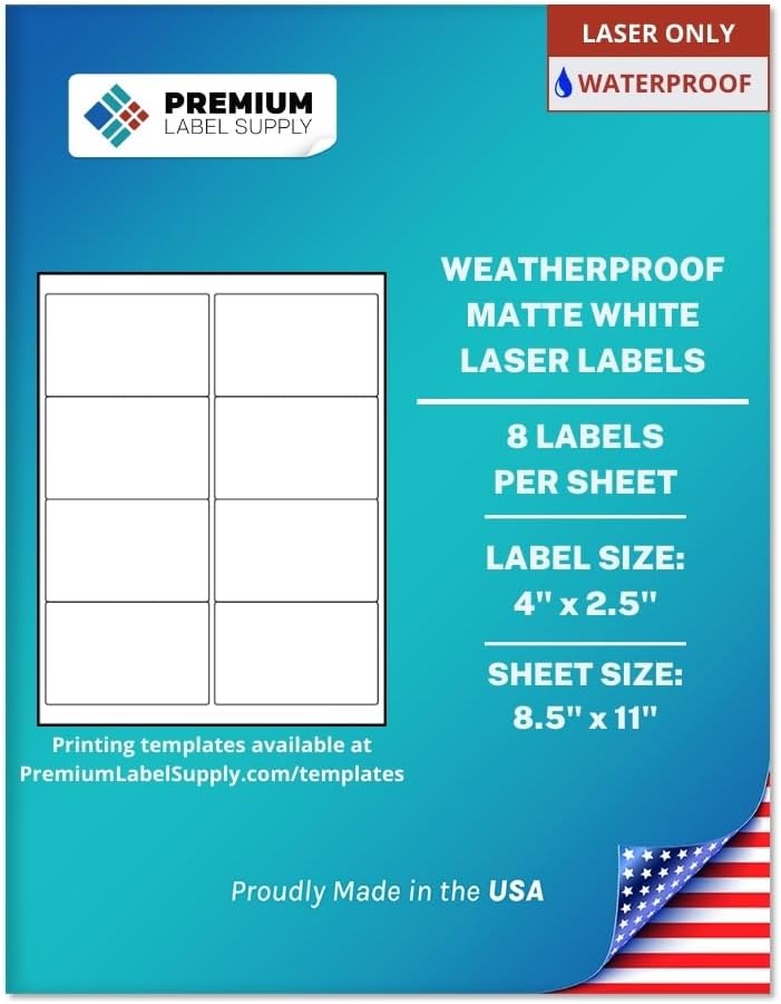Premium Label Supply Waterproof White Address Sticker Labels – 4" x 2.5" – Laser Printers Only – (8 per Sheet), 25 Sheets - 200 Total Adhesive Labels