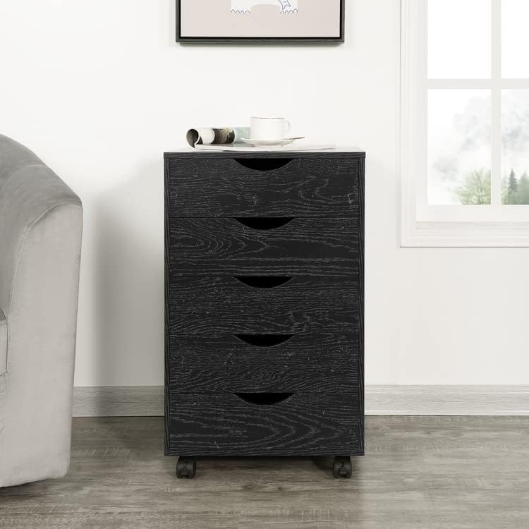 Naomi Home 5 Drawer Dresser for Bedroom Stylish Tall Dressers with Wheels Storage Shelves Small Dresser for Closet Makeup with 180 lbs Capacity - Distressed Black