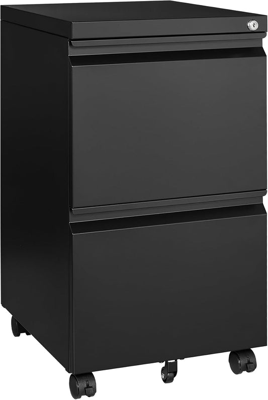 2 Drawer File Cabinet On Wheels Mobile Cabinet with Lock Under Desk Metal Filing Cabinet On Rollers Small Rolling File Cabinet Black Printer Stand for Home Office Fully Assembled