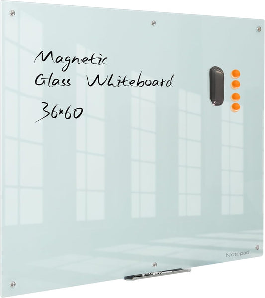 Glass Whiteboard 36 * 60Inches Magnetic Wall Mounted Glass Whiteboard, Large Frameless Glass White Board for Wall Office, Home & School