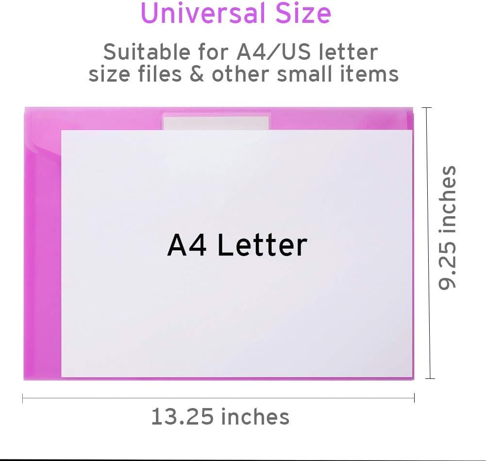 Sooez 12 Pack Folders Plastic Envelopes with Snap Closure, Clear Plastic File Folder for Document, Letter A4 Size Poly File Envelopes with Label Pocket for Home Work Office Organizer, 5 Colors