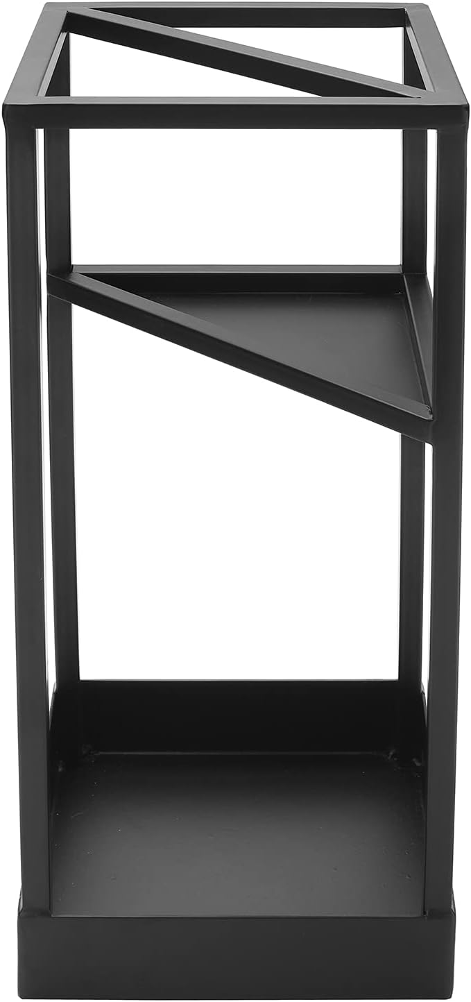 MyGift 20 Inch Tall Modern Brass Tone Metal Geometric Freestanding Entryway Umbrella Rack or Cane Holder with Shelf for Small Umbrellas and Bottom Drip Tray (Black)