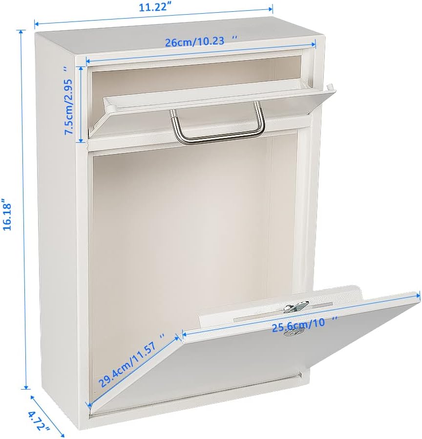 KYODOLED Steel Key Lock Mail Boxes Outdoor, Locking Wall Mount Mailbox, Security Key Drop Box, Collection Boxes,16.2H x 11.22L x 4.72W Inches, White X Large